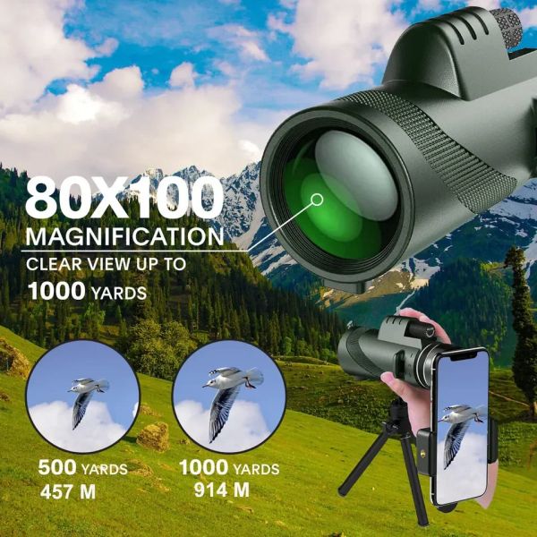 Caméras HD Télescope monoculaire 80x100 Zoom à longue portée BAK4 Télescope Prism With Trépied Téléphone Clip Hunting Camping Bird Randonnée