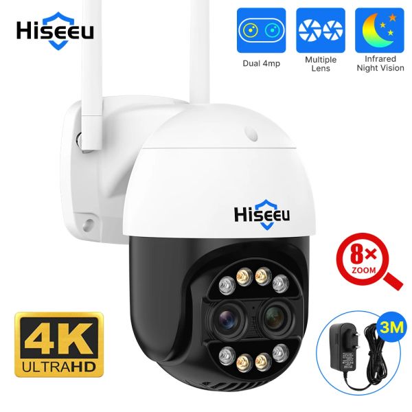 Cameras Hiseu 4K 8MP Double objectif wifi ptz ip caméra 2.8 + 12 mm 8xzoom CCTV vidéo de surveillance caméra couleur vision nocturne de détection humaine came