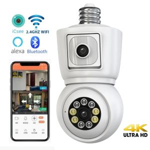 Cameras ICSEE 4K 8MP E27 Bulbe Caméra WiFi Double Lens Double écran Suivi automatique Two Way Couleur de couleur Vision nocturne Caméra de sécurité extérieure