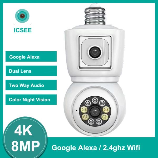 Cameras ICSEE 4K 8MP E27 Bulbe WiFi Camera Dual Lens Double écran Suivi automatique Two Way Couleur audio Vision nocturne 4MP Camera de surveillance