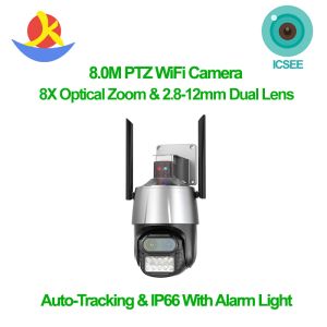 Cameras ICSEE Dual Lens Wireless 8MP 8X Zoom Zoom imperméable webcam Auto Tracking Security Dome WiFi PTZ Camera 4k avec alarme Lumière