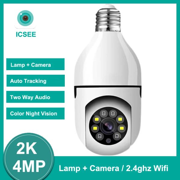 Cameras ICSEE E27 Bulbe WiFi 4MP IP Camera PTZ Vision nocturne colorée Two Way Audio Baby Monitor Auto Tracking Home Security CCTV