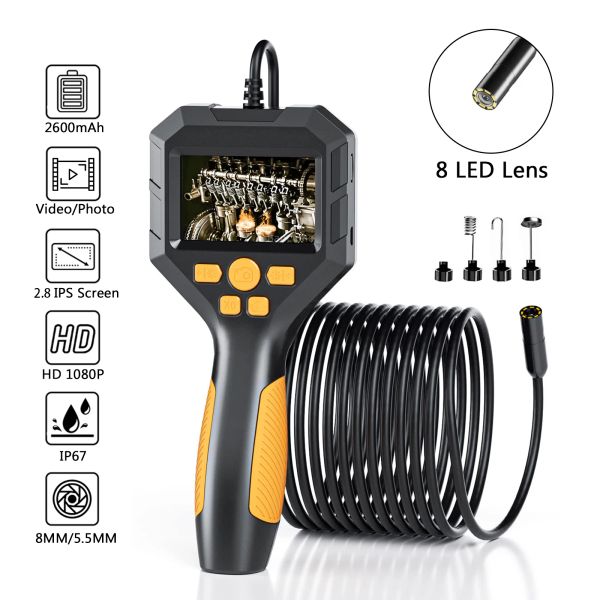 Cámaras Cámara de endoscopio industrial 2.4 '' '/2.8' 'Inspección de alcantarillado de la pantalla IPS Borescope IP68 Lente impermeable de 8 mm para la reparación del motor del automóvil