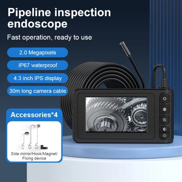 Cámaras Cámara de endoscopio industrial 4.3 '' Pantalla IPS HD1080P 30 metros de cable rígido Inspección de alcantarillado Borescope IP67 Implaz del agua 2000mAh