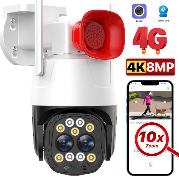 Cámaras Cámara IP Wifi 4G SIM Tarjeta 10x Zoom PTZ Speed Dome Camera 2.8 mm8mm Dual Len 8mp 4K HD AI AI Outdoor Security Camhi Camhi