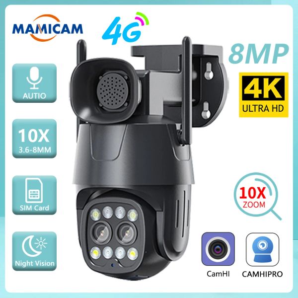 Cámaras Cámara IP Wifi/4g Tarjeta SIM PTZ 8MP HD Dual Lente de 3.6 mm8mm CCTV Cam AI Tracking Human Color Night Vision Camhi