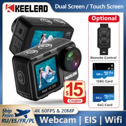 Cameras Keelead K80 Action Caméra 4k 60fps EIS 540m Casque imperméable 20MP 2.0 "1,4" Touch LCD double écran wifi webcam sport vidéo caméra vidéo