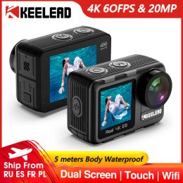 Cameras Keelead K80 Action Caméra 4k 60fps 20MP 2.0 Touch LCD EIS Double écran WiFi 5m Body Imperproof Remote Control 4x Zoom Sports Cam