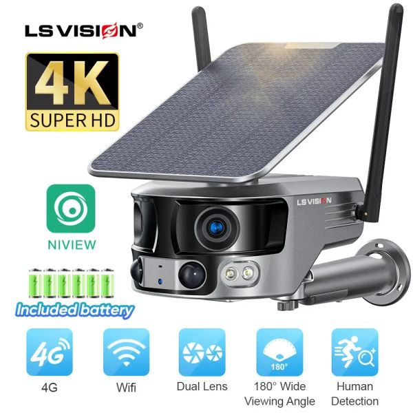 Cameras LS Vision 4K 180 ° Angle de vue de vue ultra large 4G Caméra de sécurité solaire WiFi 4x Zoom Dual Lens Pir Human Detection CCTV Camera