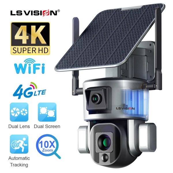 Cameras LS Vision 4K 8MP 4G / WiFi Wireless Solar Camera Double Lens 10x Optical Zoom avec panneau solaire Humanoid Tracking PTZ Security Cam