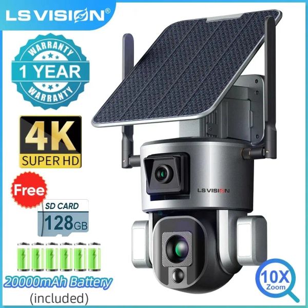 Cameras LS Vision 4k UHD Double Lens 4G Solar Security Camera Outdoor 4x 10x Optical Zoom WiFi Camera Auto Tracking AUDIOD TWOWER