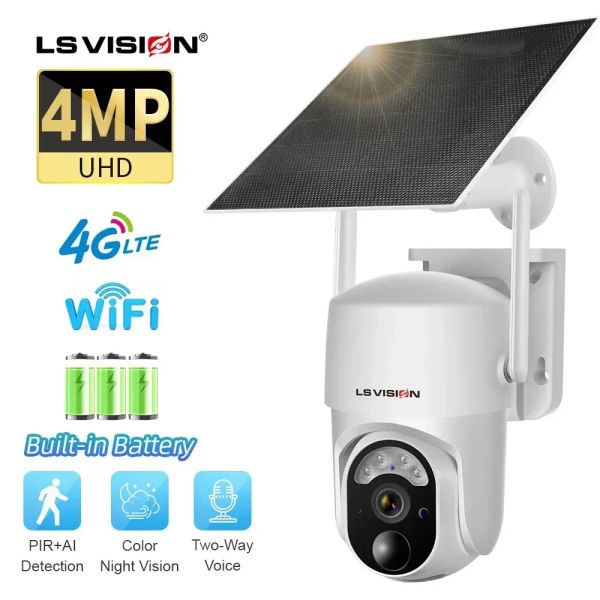 Cameras LS Vision 4MP 4G / WiFi Solar Camera Outdoor Wireless PTZ Vision nocturne Pir Pir Human Detection Sectuty Camera Bulitine Bulitine