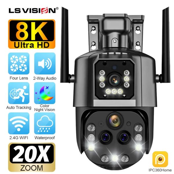 Cameras LS Vision 8K WiFi Security Camera 20X Zoom Outdoor 4k Four Lens double écran PTZ CAM AUTO Suivi CCTV WiFi Surveillance Caméras