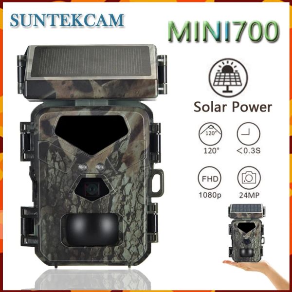 Cameras Mini700 24MP 1080p Panneau solaire Caméra de chasse infrarouge Vision nocturne Surveillance Trap à la faune Piste photo