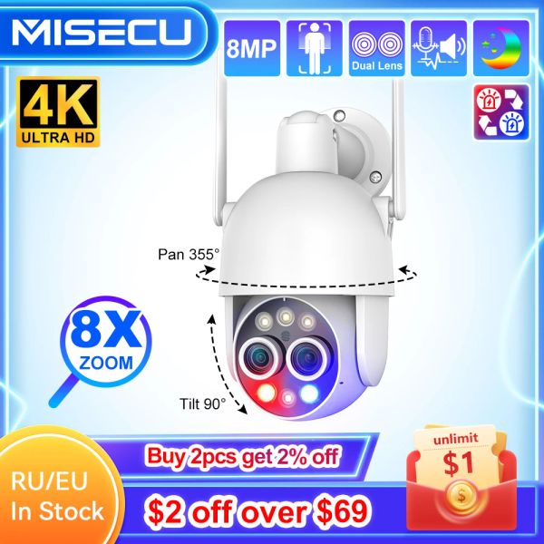 Cameras Misecu UHD 4k 8x PTZ Hybrid Zoom 2,8 mm 12 mm Double objectif Caméra IP sans fil 8MP Détection humaine Tracking Auto WiFi Camera Couleur Night