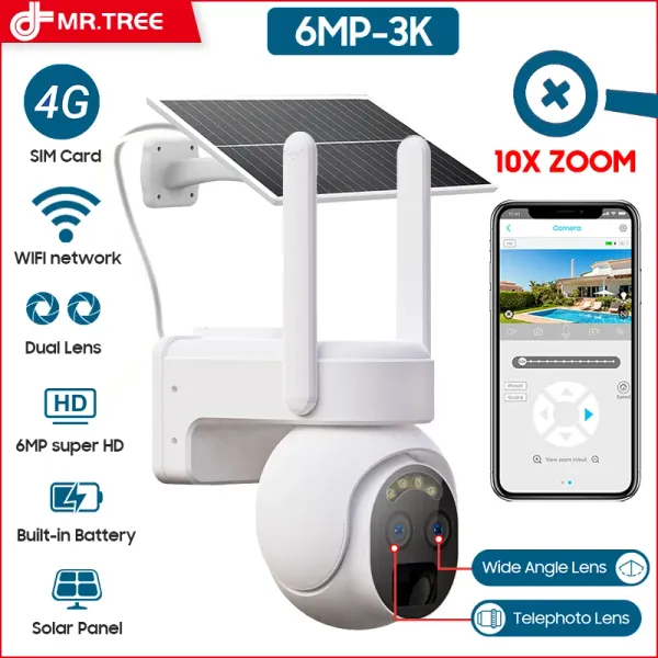 Cameras Mr Tree 3K 6MP Caméra solaire WiFi Bluetooth Double Lens Sécurité CCTV 10X Zoom de suivi humanoïde