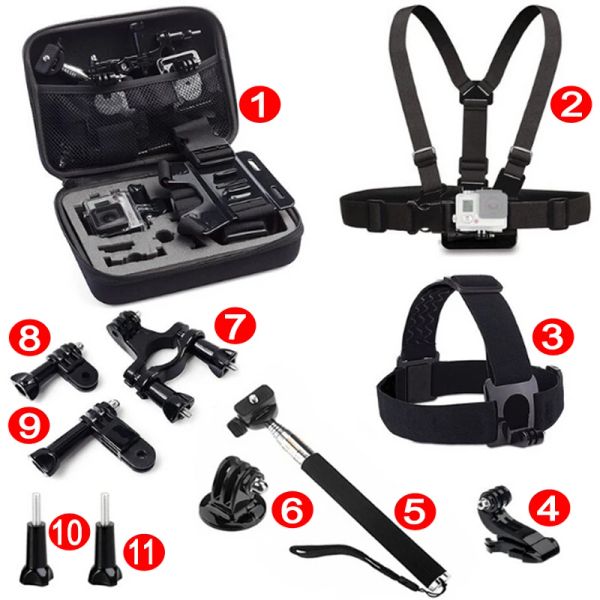 Cámaras Nuevo kit de accesorios de paquete combinados de 11in1 compatible para cámara deportiva Go Pro SJCAM SJ4000 SJ5000 M20 SJ6 Legend SJ7 Star