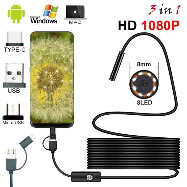 Caméras Nouvelles endoscopes d'endoscope 8 mm 1080p Endoscope USB HD avec 8 LED 1/2/5m Cable flexible Imperméable Inspection de forage pour Android PC