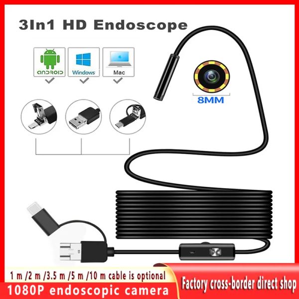 Cameras Noenname_null 1080p 3 In1 Endoscope Camera 720p égout Industrial Piping Car Inspection endoscopique 8 mm pour USB PC Android Type C