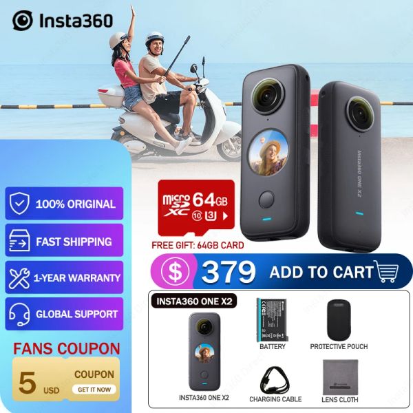 Cámaras Originales Insta360 One X2 Sport Action Camera 5.7k Video impermeable a 10 m Flowstate Estabilización Estable Modo de cámara Cámara de acción