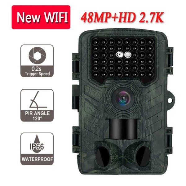 Cameras Outdoor Outdoor 48MP 2.7k HD WiFi Camera Trail avec vision nocturne de surveillance de chasse de la faune