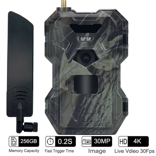 Cámaras al aire libre 4G 30MP HD 2K Control de aplicaciones Visión nocturna Trap de visión de 120 grados Cam Wireless Wireless Wilular Cámara Cámara de vida silvestre