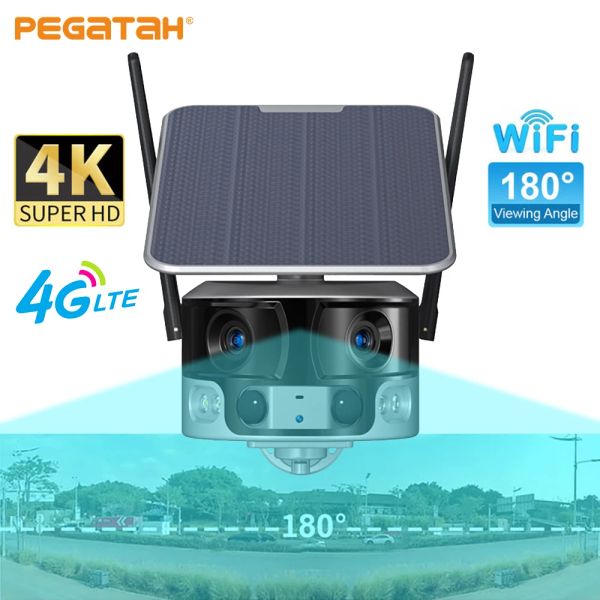 Cameras Pegatah 8MP 4G WiFi Solar Camera Outdoor 4K 180 ° Angle de vue ultra large 4x Zoom Dual Lens Pir Camera de surveillance de détection humaine