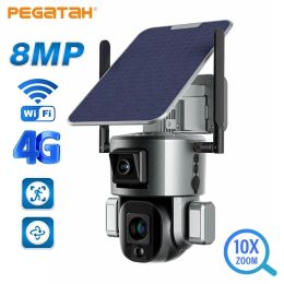 Cameras Pegatah 8MP 4G Wireless Solar Camera 4K WiFi Double Lens 10x Solar Pannel Human Detection Ptz Security Cam Cam imperméable IP Caméras