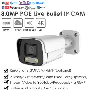 Cámaras Poe IP Camera 4K 8MP RTMP CCTV Transmisión en vivo Video a YouTube/Facebook Security Onvif Outdoor Human Detect Mic