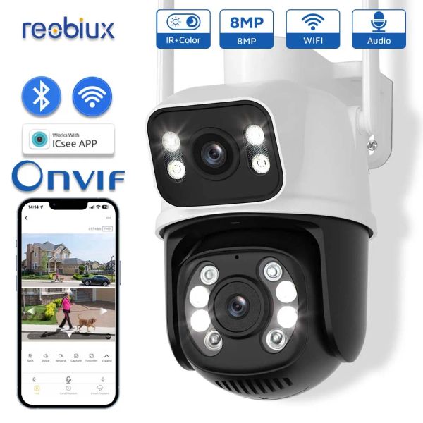 Caméras REOBIUX WiFi PTZ Camera 8MP Dual Lens IP Cam Outdoor Surveillance CCTV Double Lens Camera Security Protection avec ICSEE
