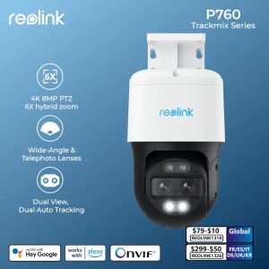 Camera's Reolink Trackmix -serie Poe WiFi Camera 4K Dual Lens PTZ Auto Tracking Outdoor Pet CAR Human Detectie 8MP IP -beveiligingscamera