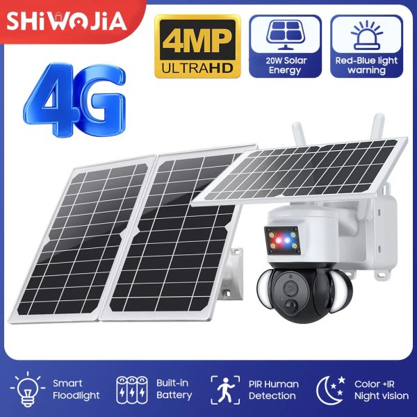 Cameras Shiwojia 20W Caméra solaire 4G Carte SIM 4MP extérieur imperméable PTZ Batterie solaire CCTV 21700 Baterries RedBlue Light Alarm