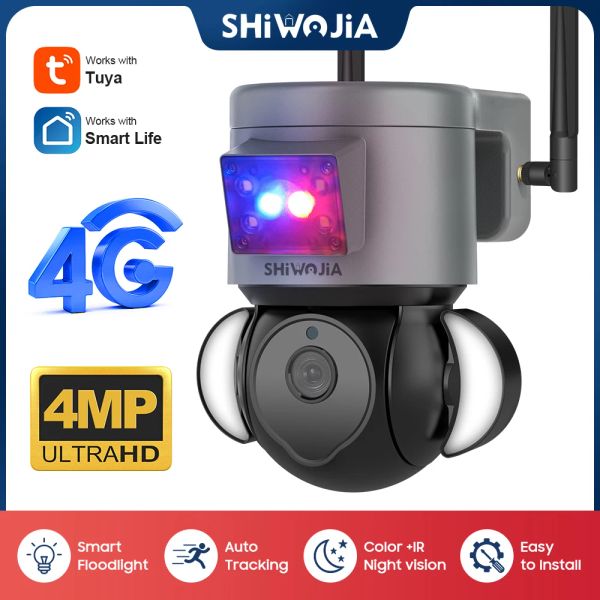 Cameras Shiwojia 2K 4MP Caméra de sécurité 4G Sim Tuya WiFi Suppeillance Camera avec Antitheft Sirren Alarm CCTV CAME CAME Alexa Motion Senor