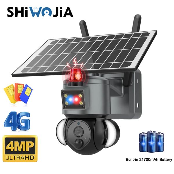 Cameras Shiwojia 4G Caméra solaire Panneau solaire extérieur Panneau solaire 3MP / 4MP HD WiFi Sécurité sans fil CCTV 21000mAH Batterie avec alarme de sirène antitheft