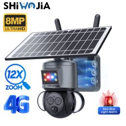 Caméras Shiwojia Solar Camera 4G SIM Carte 4K 8MP Double Lens 12x Optical Zoom Outdoor WiFi Solar Panneau Humanoid Tracking CCTV Camera Alarme