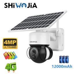 Caméras Shiwojia Solar Camera 4G Sim / WiFi Outdoor Wireless CCTV Cloud H265 Solar Power Garden Lights Sécurité de la Sécurité Batterie