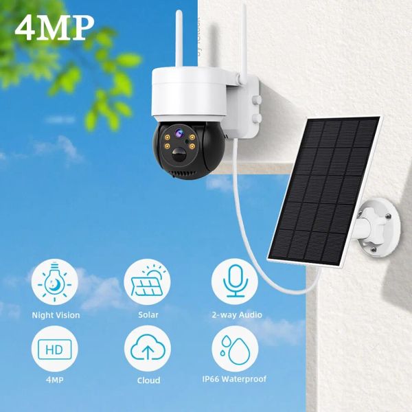Cámaras Cámara solar Wifi Outdoor 4MP HD Securencia inalámbrica CCTV impermeable Visión nocturna Pir Human Detect PTZ con panel solar