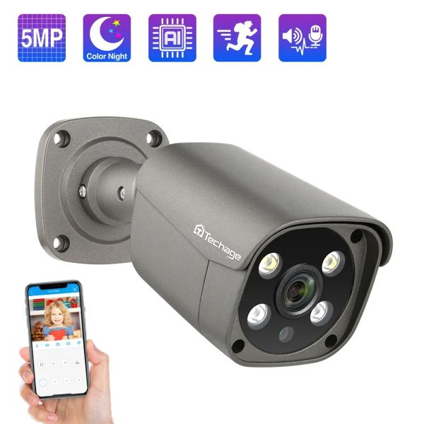 Caméras Techage 5MP Sécurité Poe Caméra AI Détection humaine Twoway Audio IP Camera IP66 Outdoor CCTV Surveillance Free Color Night P2P