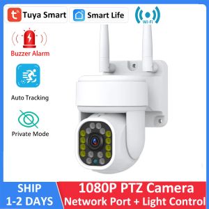 Cameras Tuya 1080p PTZ Wifi IP IP Outdoor Tracking Wireless Audio 2MP Sécurité CCTV Sirren White Light On Off Off Manuel App Set Camera