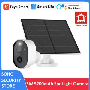 Cameras Tuya Smart 5200mAh Batterie rechargeable Batterie extérieure sans fil WiFi 3MP IP Surendance Sirren 5W Solar H.265 CCTV Camera Alexa Google
