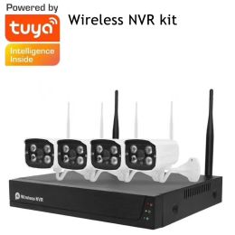 Cameras Tuya Smart Life 4ch Système vidéo Système de surveillance Caméra NVR Kit 1080p Wi-Fi WiFi CCTV Système de la caméra Système de sécurité imperméable