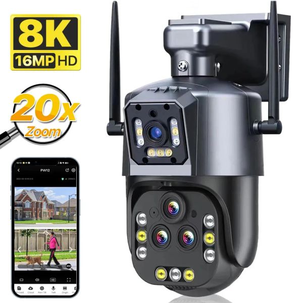 Cameras Ultra 8K 16MP 20X Zoom WiFi IP PTZ Camera AI Suivi automatique Suivi de 100m Sécurité Four Lens 360 ° PTZ CCTV SURVEILLANCE CAME