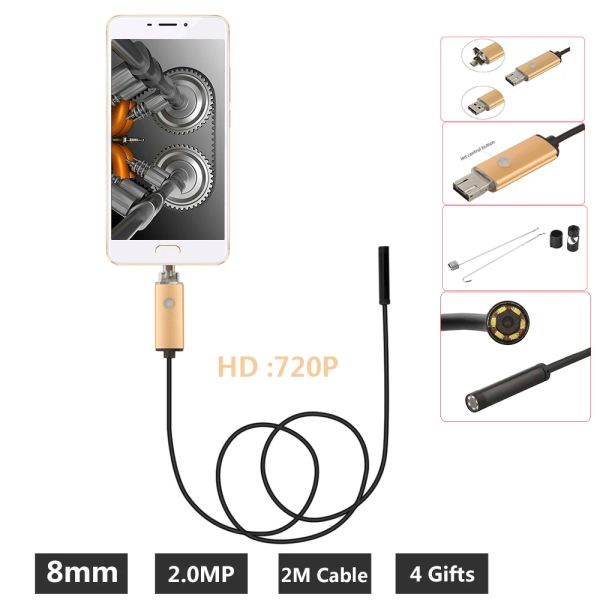 Cámaras USB 2MP Android Mobile Endoscope Android 8mm Lens 2m Snake Impection Inspection Borescope para computadora portátil con OTG/UVC