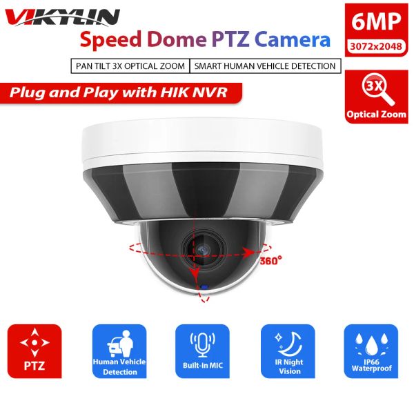 Cámaras Vikylin 6MP PTZ Dome Security IP Cámara IP para HikVision Compatible Poe 2.88mm 3x Zoom H.265 IP66 CCTV Vigilancia Cam con micrófono