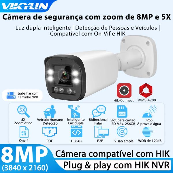 Cámaras Vikylin 8MP IP Bullet Security Camera 5x Noche de color de zoom para HikVision Poe Audio SD Human Vehicle Detect CCTV CAM