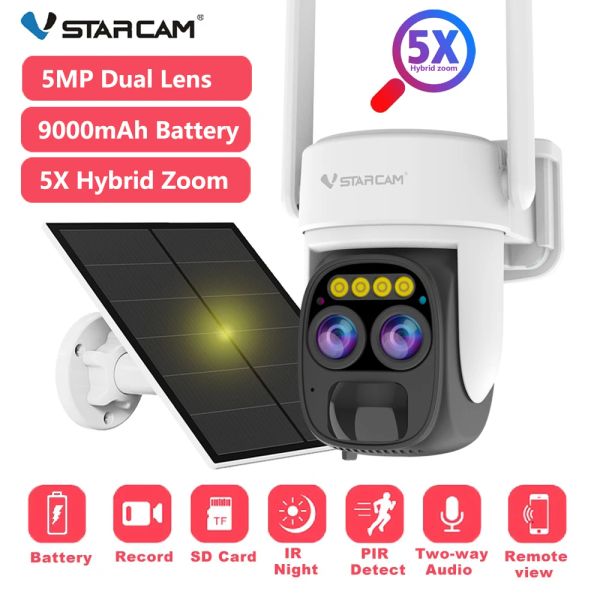 Cameras Vstarcam 5MP Panneau solaire Panneau WiFi Batterie Caméra extérieure Dual Len 5x Zoom Tracking Auto Wireless Wireless PTZ Humanoid Detection IP Camera