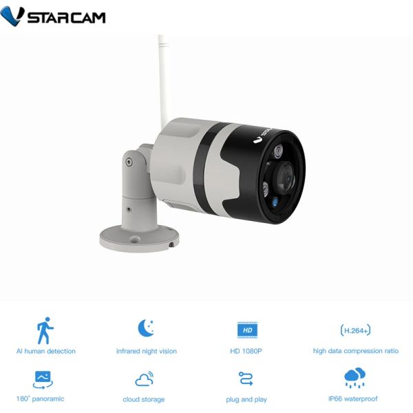 Cámaras Vstarcam Security Wifi Camera C63S 3MP 1296P 180 grados de intercambio panorámico Alarma de humo Monitor de bebé al aire libre IP impermeable