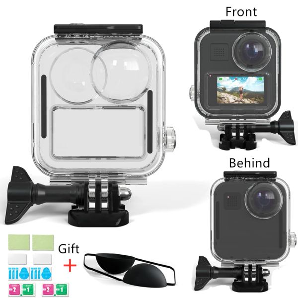 Cámaras Case de carcasa impermeable para cáscara protectora de buceo de cámara gopro max 20m con accesorios de vidrio templado de tapa de lente