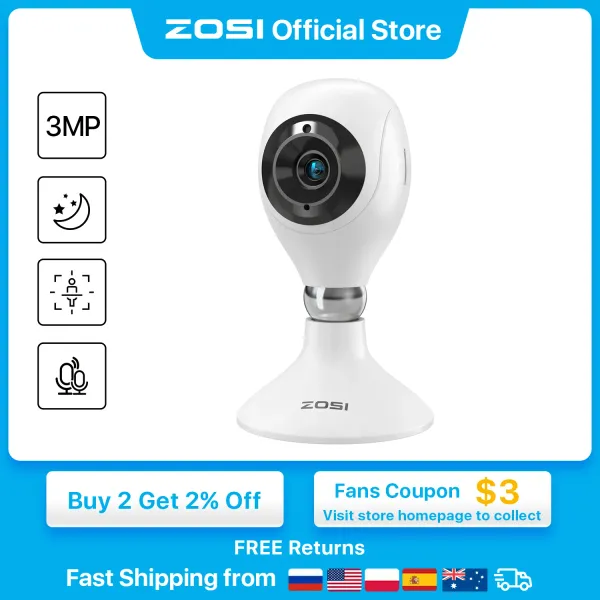 Cameras Zosi 2K Indoor WiFi Home Security Camera avec 2WAY Cloud Cloud SD Storage 3MP HD Smart Baby Monitor Camera pour animaux de compagnie