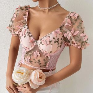 Camis 90s Vintage Broderie Dentelle Crop Tops Femmes Sexy Rose Maille T-shirt Mode Col En V Creux Imprimé Blouses À Lacets Y2k Streetwear